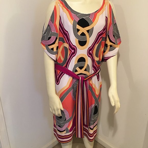 SANDRA DARREN Coral Multi Scarf Print Cold Shoulder Knee Length Dress 16 - Picture 1 of 6